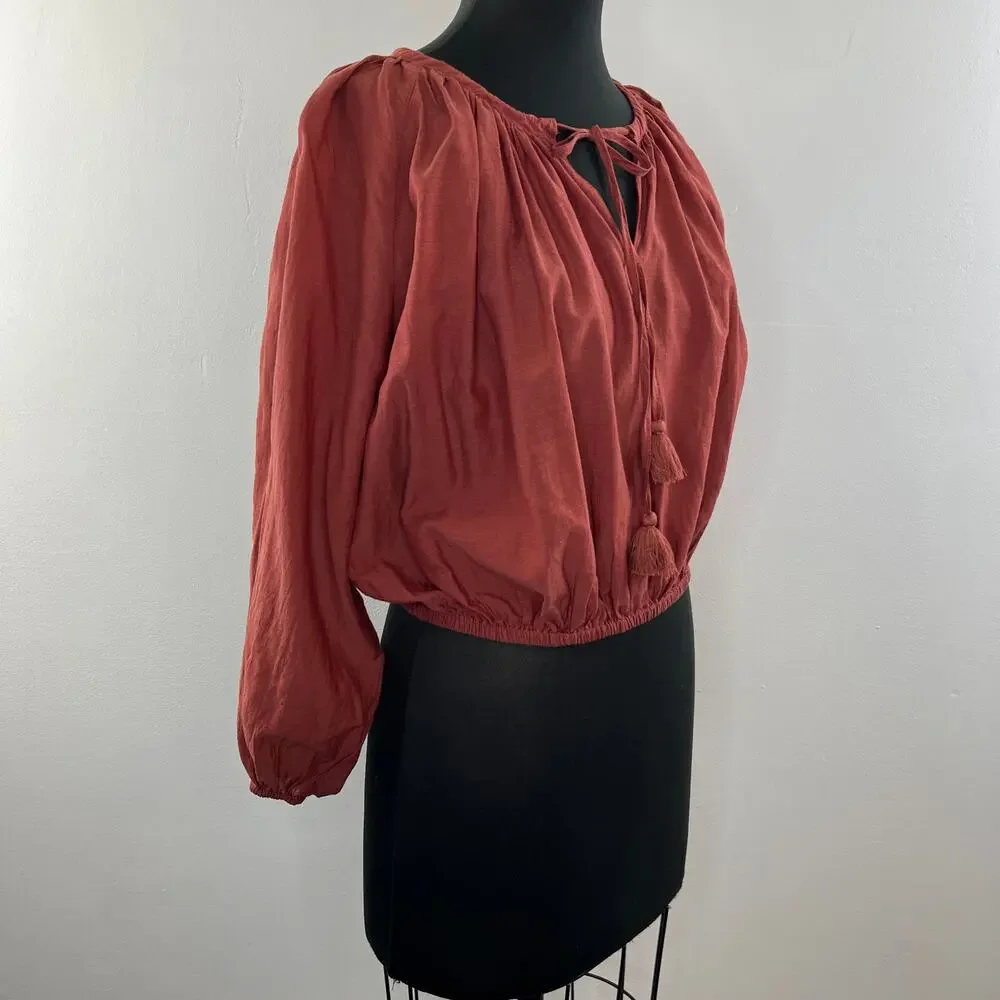 J. CREW Chimney Brown Cotton Blend Puff Sleeve Tassel Tie-Front Crop Top Size S